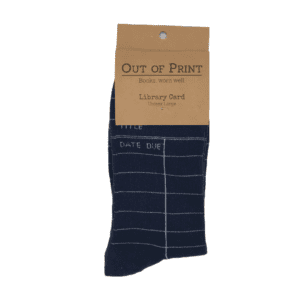 A pair of navy socks with an old library card template printed on them.
