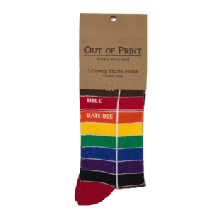 A pair of rainbow socks with an old library card template printed on them.