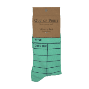 A pair of mint green socks with an old library card template printed on them.