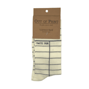 A pair of white socks with an old library card template printed on them.
