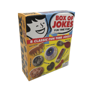 A box of jokes with pictures of fake eye, fake teeth, fake dog poo, and more!