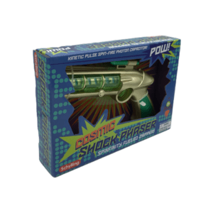 A plastic toy sci-fi weapon in a blue and green box.