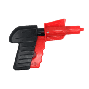 A black and red plastic gun for shooting potato pellets.